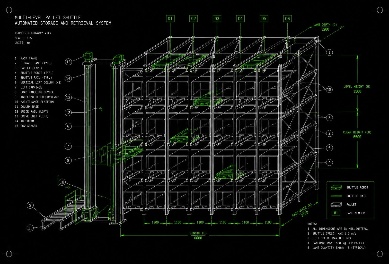 Isometric technical cutaway of the 4D Shuttle automated storage and retrieval system